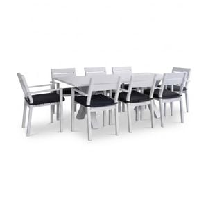 Tahitian 2.1m Aluminium Dining Table White With 8 Santorini Chairs & Denim Grey Cushions