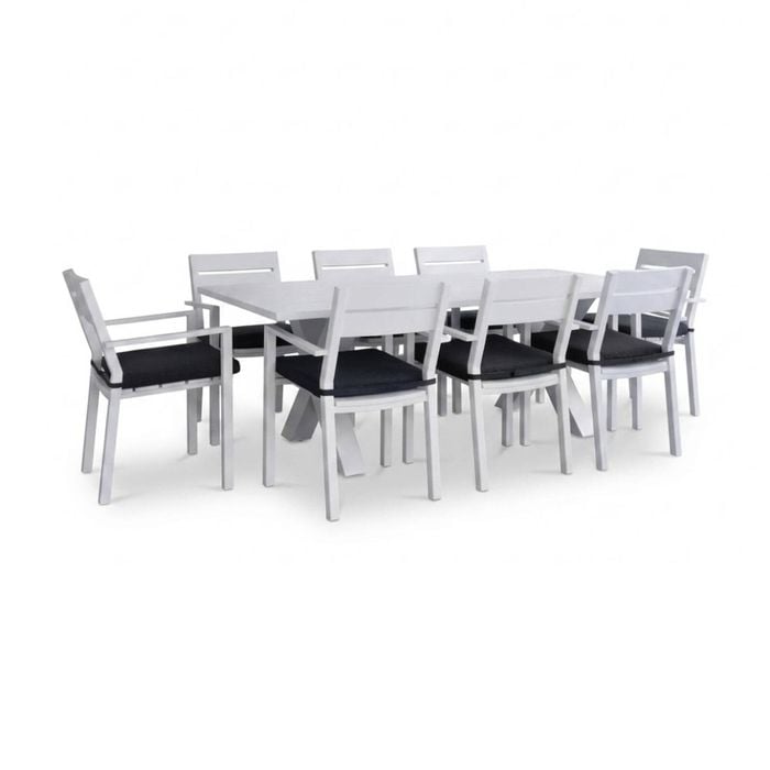Tahitian 2.1m Aluminium Dining Table White With 8 Santorini Chairs & Denim Grey Cushions