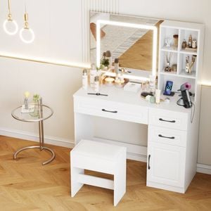 Advwin Dressing Table Stool Set With Charging Station Led Light Mirror White