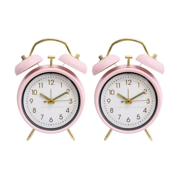 2pk Lvd Blush Metal Analogue Alarm Clock Bedroom Decor 17cm Pink/white/gold
