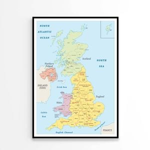 United Kingdom Administrative Map  Print 100% Australian Made 60x90cm  (Poster)
