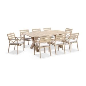 Tahitian 2.1m Aluminium Dining Table Light Oak With 8 Kansas Chairs & Olefin White Cushions