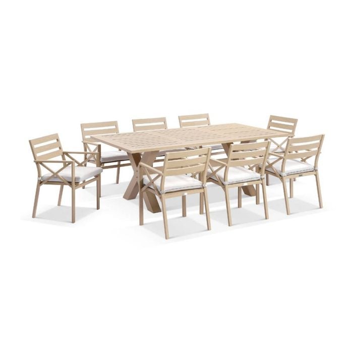 Tahitian 2.1m Aluminium Dining Table Light Oak With 8 Kansas Chairs & Olefin White Cushions