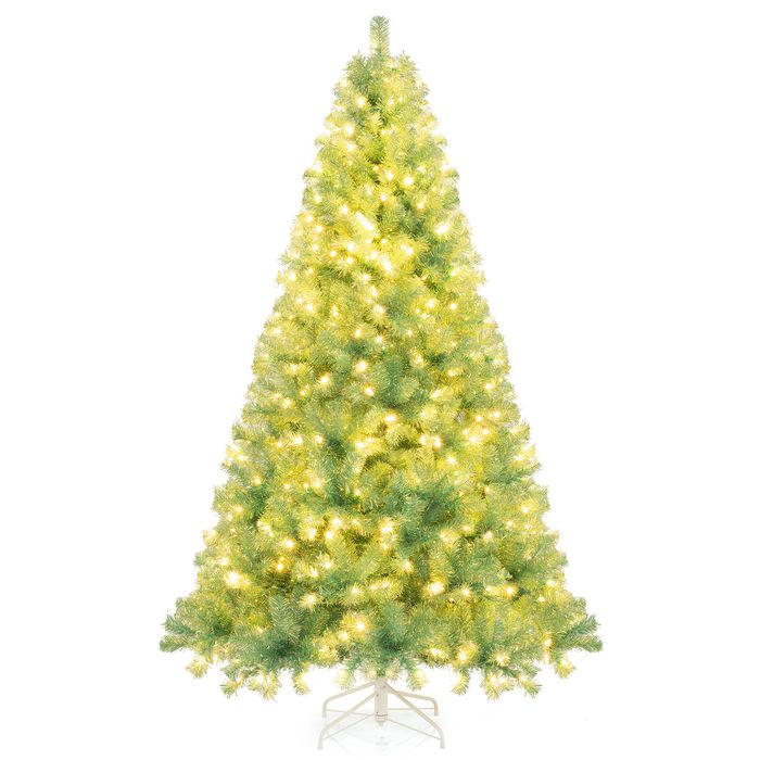 Costway 2.25m Pre-lit Artificial Christmas Tree W/iridescent Pet Leaves Fruit Green