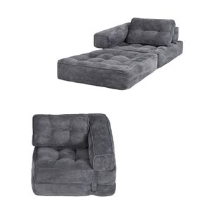 Ufurniture 3-in-1 Folding Floor Sofa Bed W/ L-shape Armrest & Backrest 90cm Corduroy Single Lounge Boneless Lazy Couch Grey