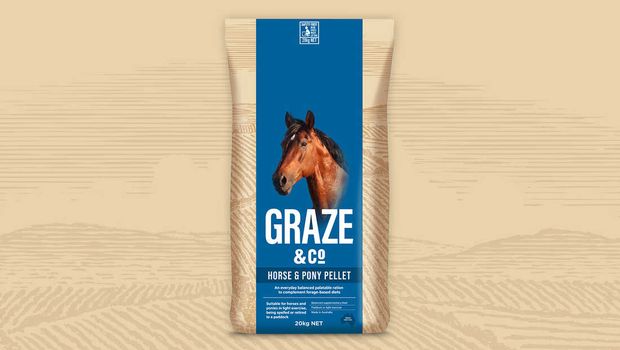 A brown background highlights a bag of graze horse feed, emphasizing its contents and product labeling.