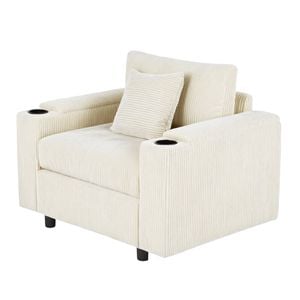 Advwin Single Sofa w/ Storage Armrests Corduroy Armchair w/ Cup Holder Modern Lounge Sofa Couch with Cushion Beige