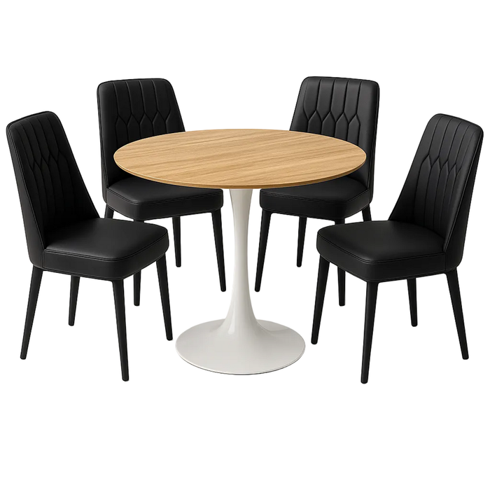 FORET 5PCS Dining Table Set Round Table Wh With 4 Black Pu Leather Chairs