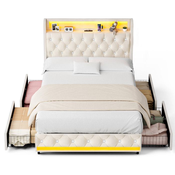 Advwin Queen Size Bed Frame with 4 Storage DrawersTufted Velvet Upholstered Headboard with Charging Station LED Light Beige