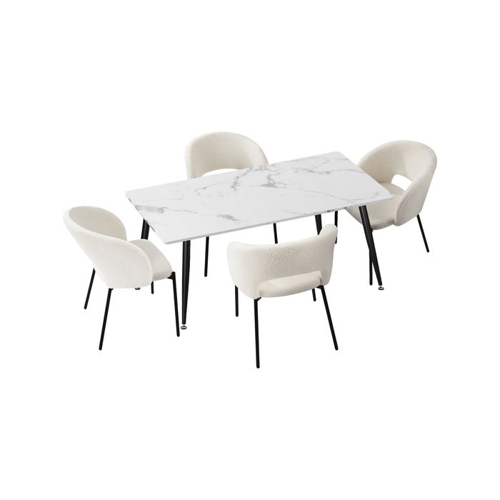 Oikiture 5PCS Dining sets 120cm Rectangle Table with Chairs Sherpa White
