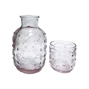 2pc Urban Products Mari Floral Embossed Pattern Carafe Pink Glass Set 19cm