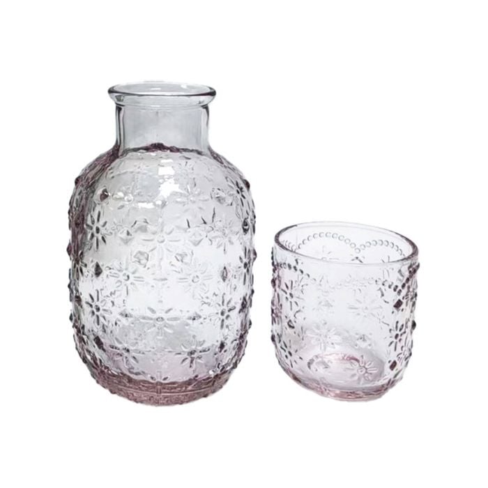 2pc Urban Products Mari Floral Embossed Pattern Carafe Pink Glass Set 19cm