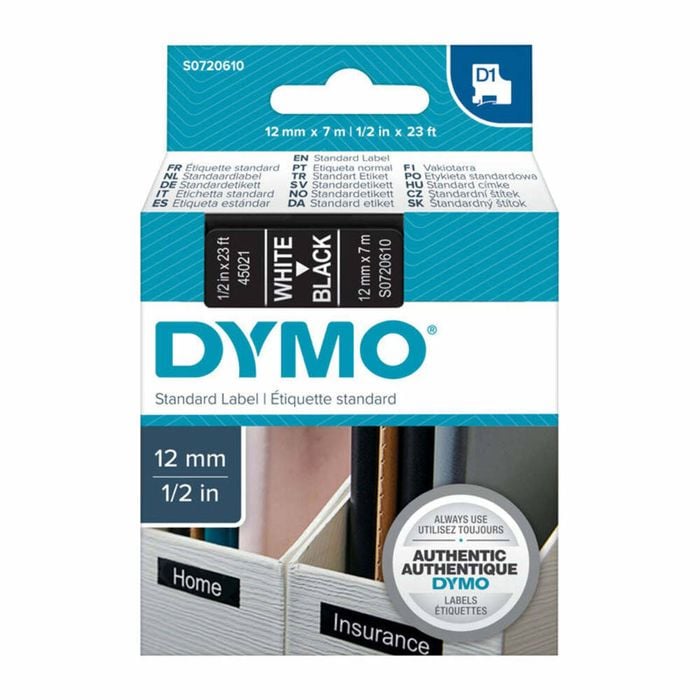 Dymo White On Black 12mmx7m Tape