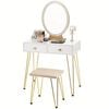 Lifebay Elegant White Dressing Table Stool Set with LED Oval Mirror