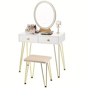 Lifebay Elegant White Dressing Table Stool Set with LED Oval Mirror