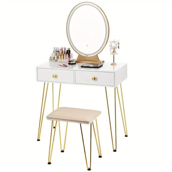 Lifebay Elegant White Dressing Table Stool Set with LED Oval Mirror