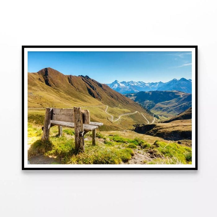 Bench with Grass & Mountains  Print 100% Australian Made 90x60cm  (Poster)