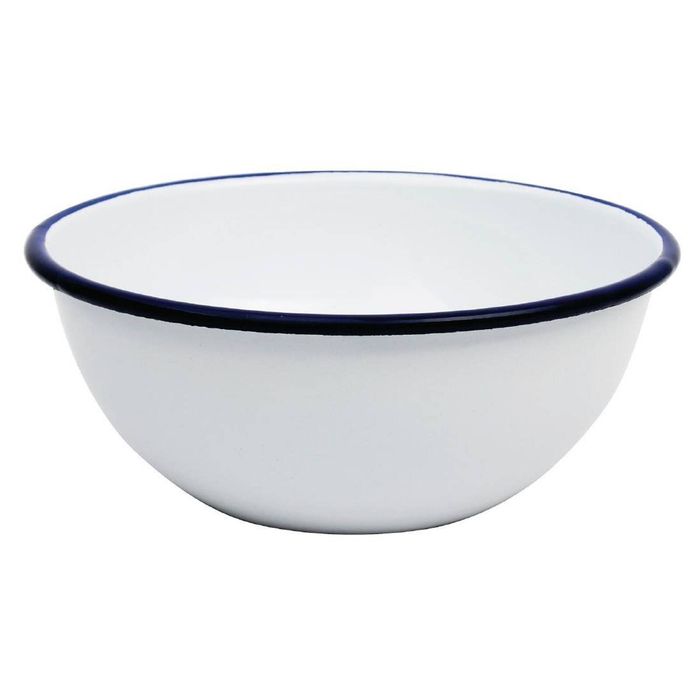 Olympia Enamel Pudding Bowls White And Blue Retro Style 155mm Pack Of 6