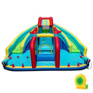 Costway Inflatable Double Water Slide Park w/Obstacle Course 680W Blower