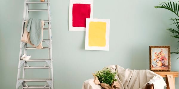 Ladder leaning against wall with samples of paint colour up in preparation of choosing 