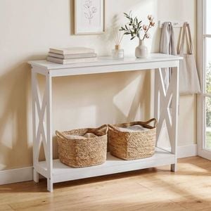 HOMFURN 100cm Narrow Console Table, White X-Frame 2-Tier Entryway Sofa Table