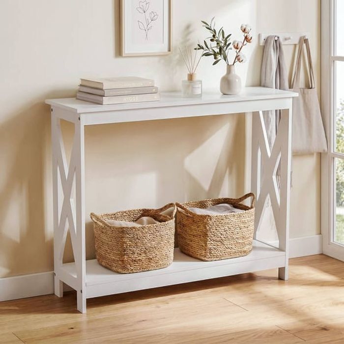 HOMFURN 100cm Narrow Console Table, White X-Frame 2-Tier Entryway Sofa Table