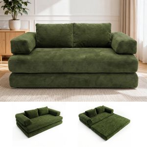 Ufurniture 153cm Convertible 2 Seater Sofa Bed W/ 2 Pillow & Side Pocket No Assembly Corduroy Loveseat Sofa Green