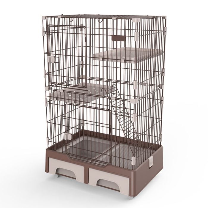 Yes4pets 134 Cm Brown Pet 3 Level Cat Cage House With Litter Tray And Storage Box