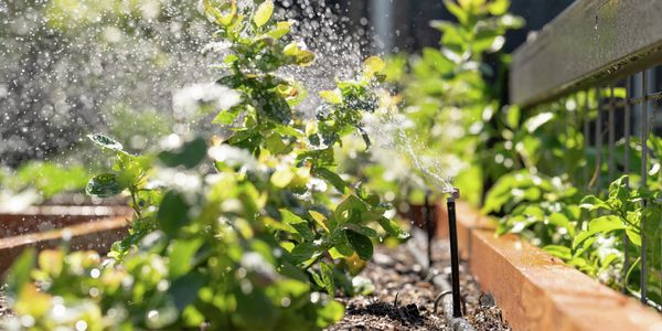 A drip irrigation system is watering a garden bed filled with green plants.