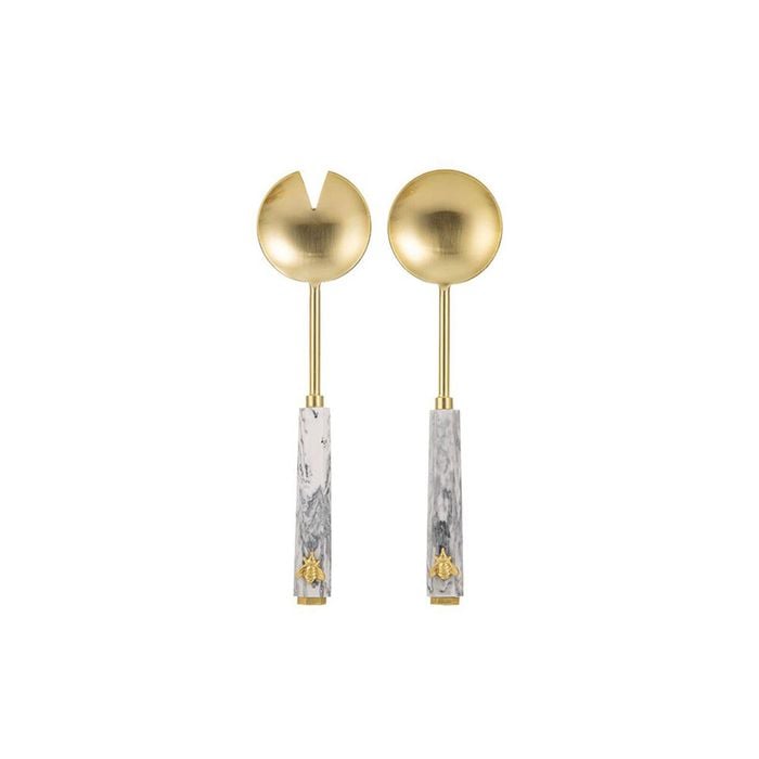 2pc Tempa Modern Bee Marble-Look Salad Servers Set Metallic Gold/White
