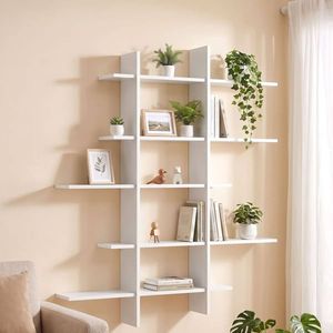 HOMFURN 15-Section White Floating Wall Shelf, Modern Display Rack for Books & Decor, 116x18x129cm Home Storage