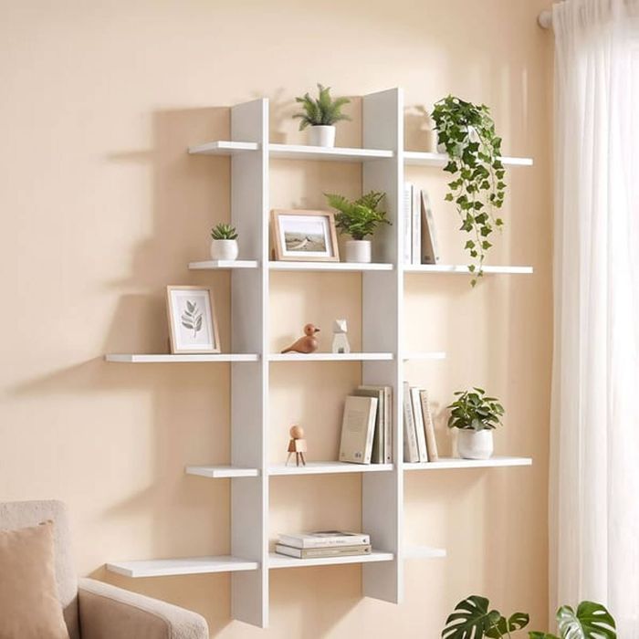HOMFURN 15-Section White Floating Wall Shelf, Modern Display Rack for Books & Decor, 116x18x129cm Home Storage