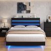 Advwin Double Floating Bed Frame with Tiered Headboard Charging Station Black