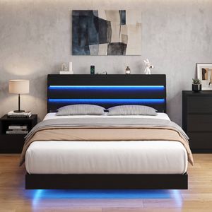 Advwin Double Floating Bed Frame with Tiered Headboard Charging Station Black