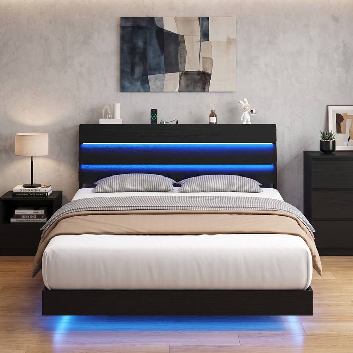 Advwin Double Floating Bed Frame with Tiered Headboard Charging Station Black