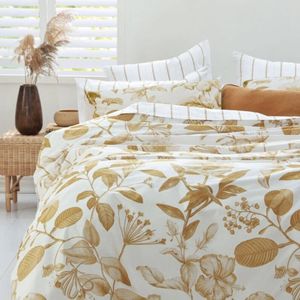 MM Linen Pure Botanical Ochre Quilt Cover Set Yellow/Orange Floral Queen