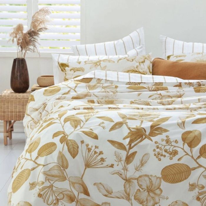 MM Linen Pure Botanical Ochre Quilt Cover Set Yellow/Orange Floral Queen