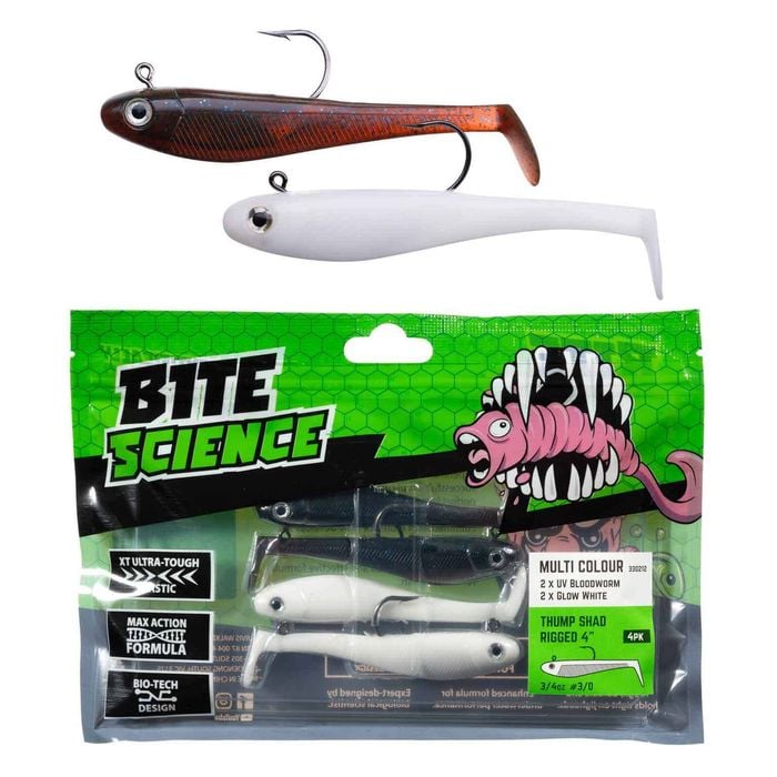 Bite Science Multi-Pack of Rigged 4' Rigged Thump Shad Lures - Bloodworm/White"