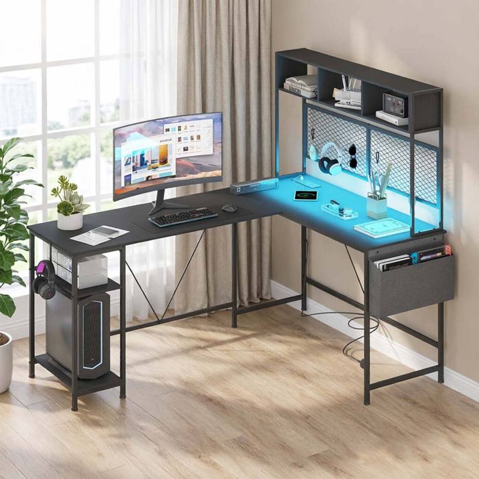 Ufurniture L shape Gaming Desk with LED Lights & Power Outlets Black