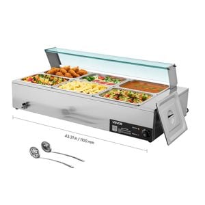 VEVOR Commercial Food Warmer Silver 1500W Stainless Steel with Glass Cover for Restaurant