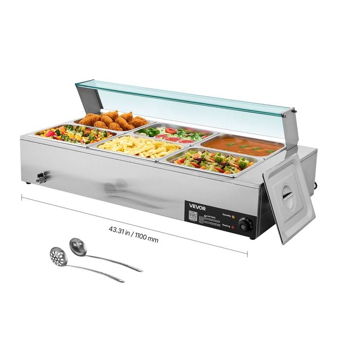 VEVOR Commercial Food Warmer Silver 1500W Stainless Steel with Glass Cover for Restaurant