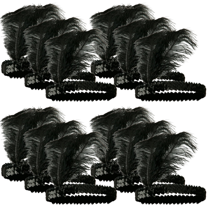 12x 1920s FLAPPER HEADBAND Headpiece Feather Sequin Charleston Gatsby Party BULK Black