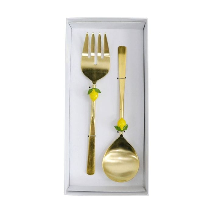 2pc Lvd Handcrafted Lemon Metal Salad Server/utensil Set 29cm Gold/yellow/green