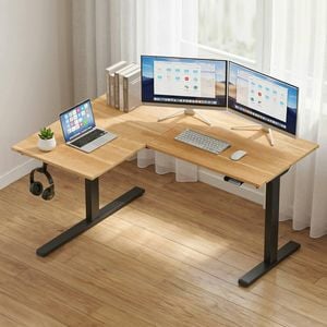 HOMFURN L-Shaped Electric Standing Desk – 140cm Adjustable Height Corner Desk with Dual Motor Memory Control, Oak