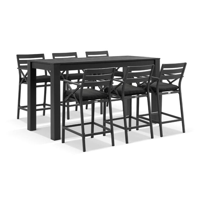 Santorini Outdoor 2m Rectangle Aluminium Bar Table Charcoal With 6 Kansas Stools & Denim Grey Cushions