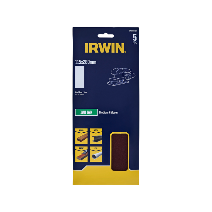 IRWIN 115 x 280mm 120 Grit 1/2 Un-Punched Sand Sheets - 5 Pack