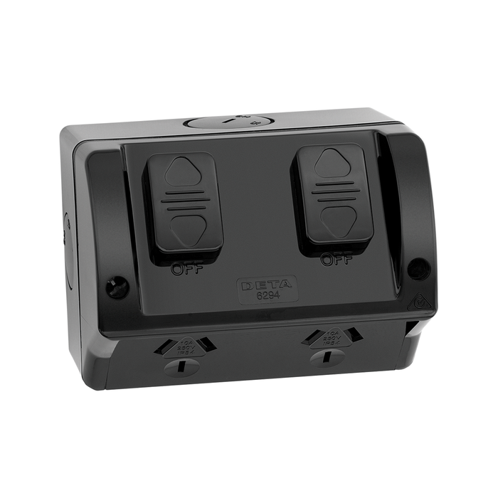 Deta IP54 Matte Black Double Weatherproof Power Point