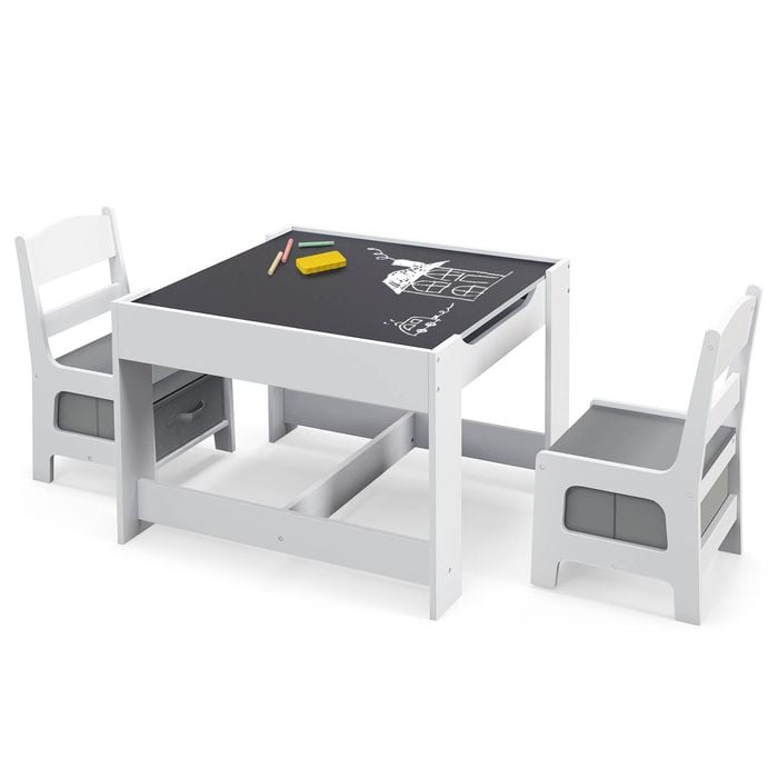 Costway 3-in-1 Kids Table And Chairs Set Activity Study Desk W/removable Chalkboard  & Storage Box Grey