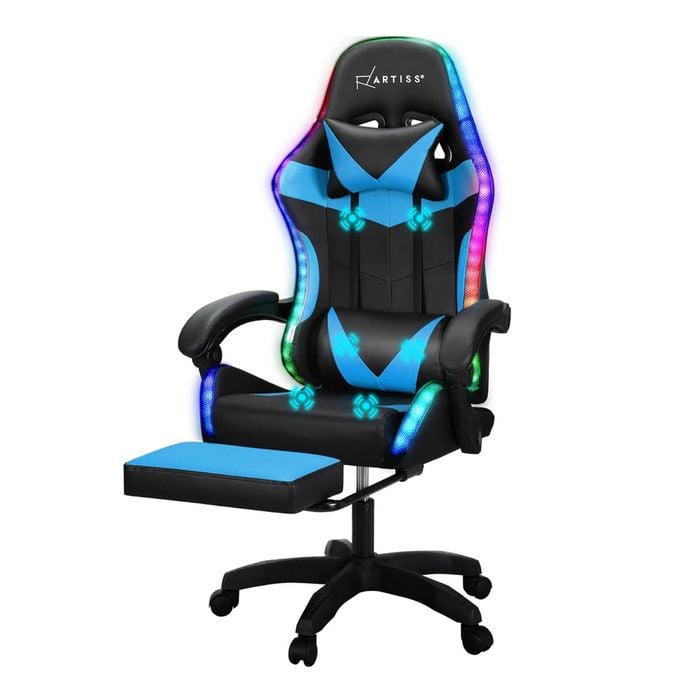 Artiss Gaming Chair Massage Office Chairs with LED Light Cyan Blue