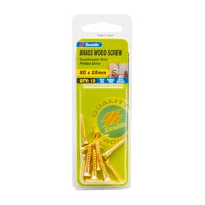 Zenith 8G x 25mm Solid Brass Wood Screw - 12 Pack